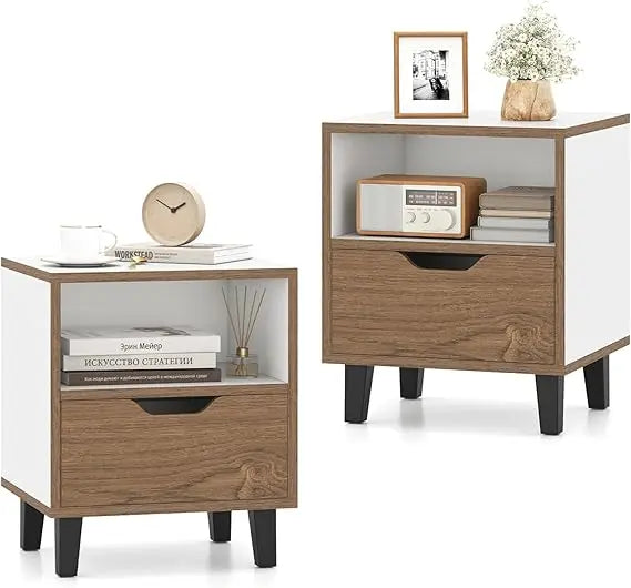 Mid Century Modern Nightstands - Set of 2, Wooden Bedside Tables with Drawer and Open Shelf, 3-Tier Design