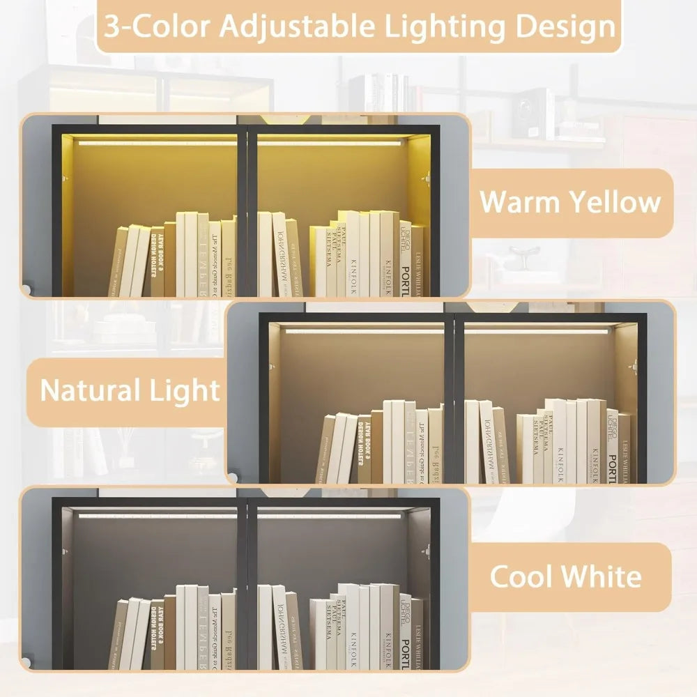 Black Bookcase with Glass Doors: 79" Display Cabinet with Glass Doors and Lights, Tall Bookcase with 2 Door, Wooden Display Stor