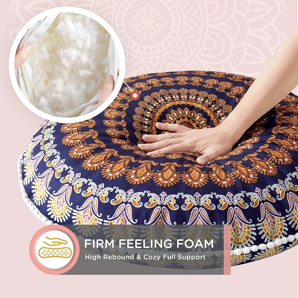 Large Meditation Floor Pillows Set of 2 Memory Foam Cushions Round Bohemian Mandala Inserts Comfortable Outdoor Yoga Seating