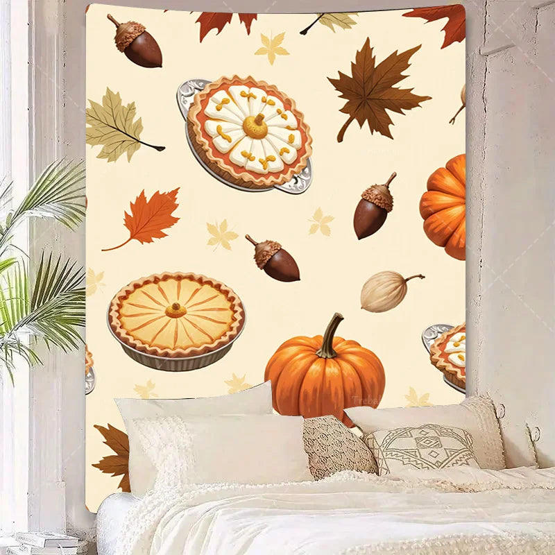 1pc Wall Tapestry Autumn Harvest Tapestry with Pumpkins, Pies & Leaves for Fall Decor