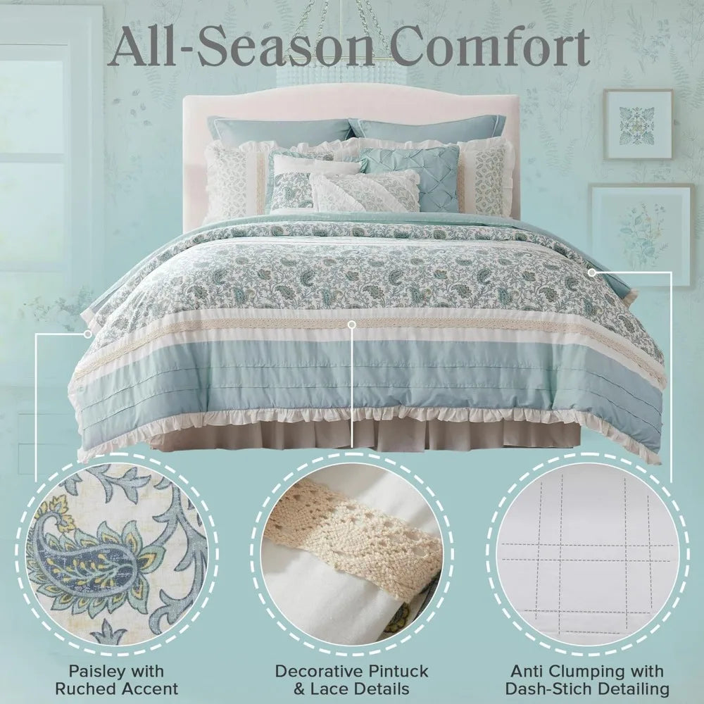 Cotton Shabby Chic Comforter Set - Modern Cottage Style All Season Bedding with Matching Sham