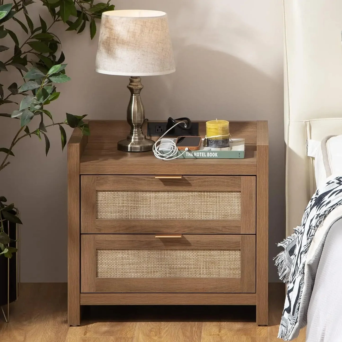 Rattan Nightstand End Table : Wood Night Stand with Type-C Charging Station,2 Drawers Storage - Boho Night Stands Bedside Table
