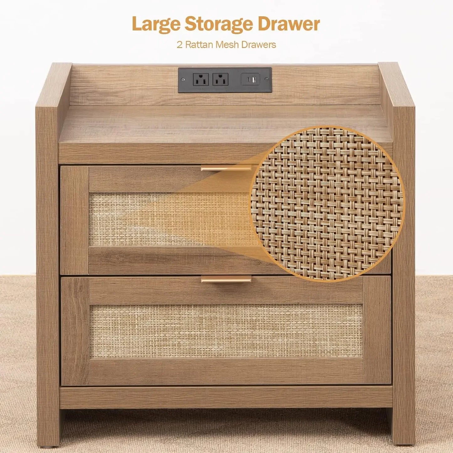 Rattan Nightstand End Table : Wood Night Stand with Type-C Charging Station,2 Drawers Storage - Boho Night Stands Bedside Table