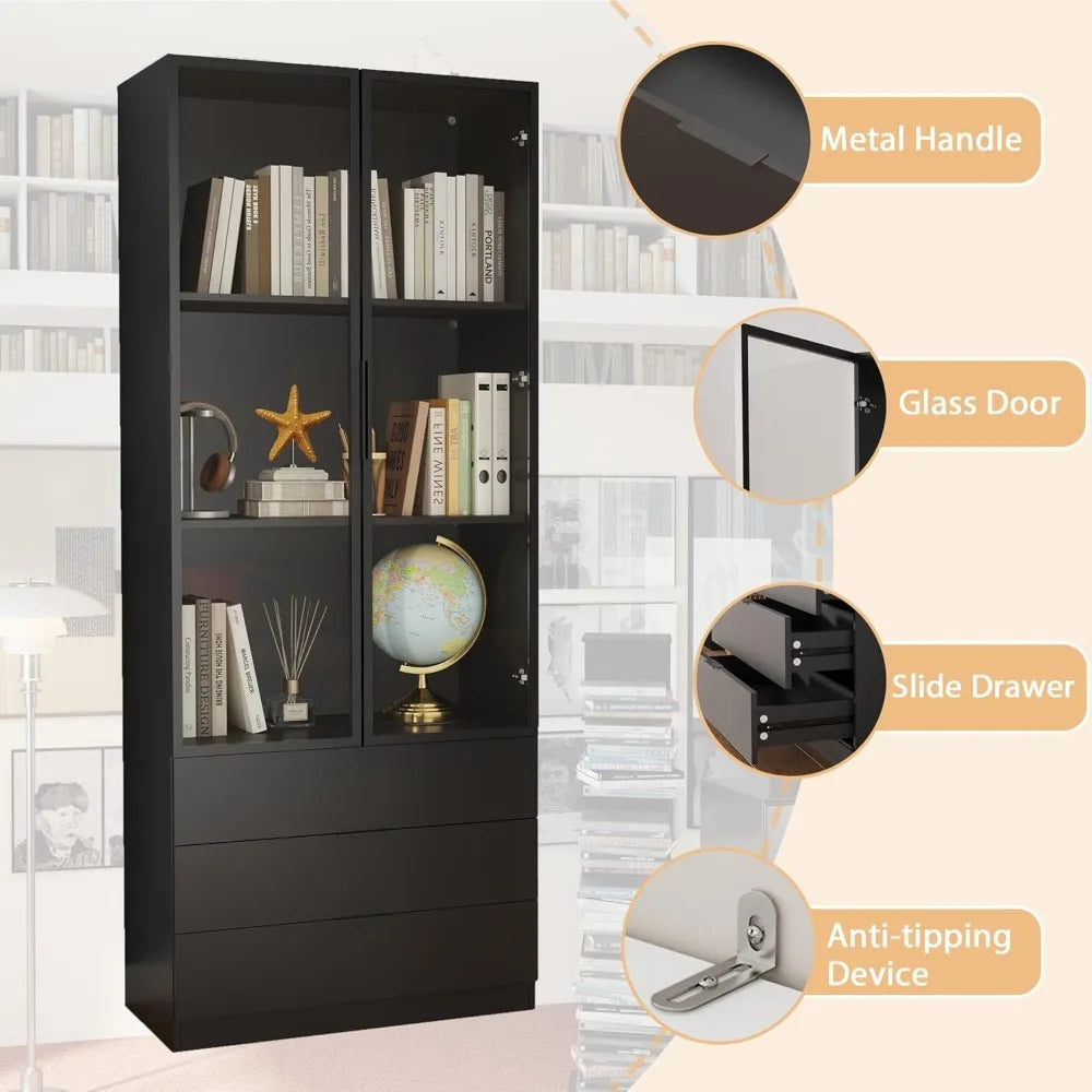 Black Bookcase with Glass Doors: 79" Display Cabinet with Glass Doors and Lights, Tall Bookcase with 2 Door, Wooden Display Stor