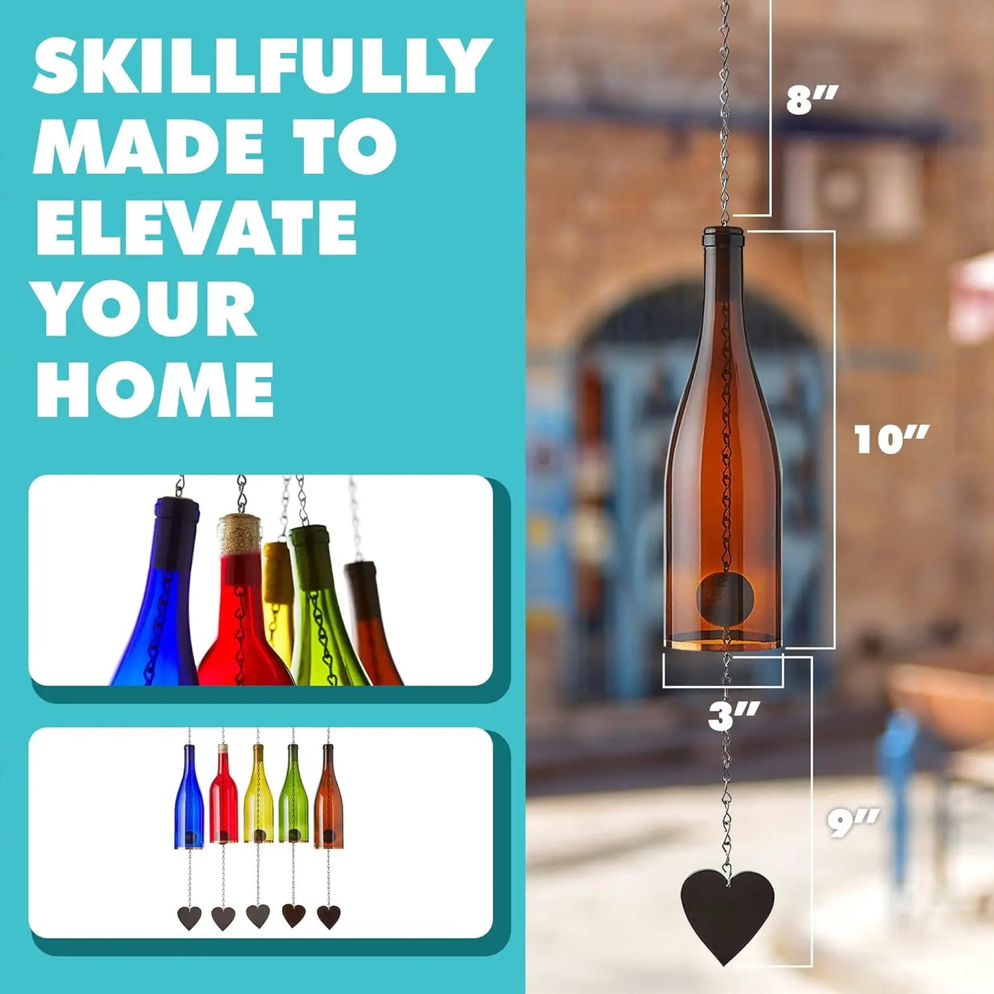 Wine Bottle Wind Chime - Wind Chimes Inside Decor, Handcrafted Wine Glass Bottle Wind Chimes for Women (Set of Five)