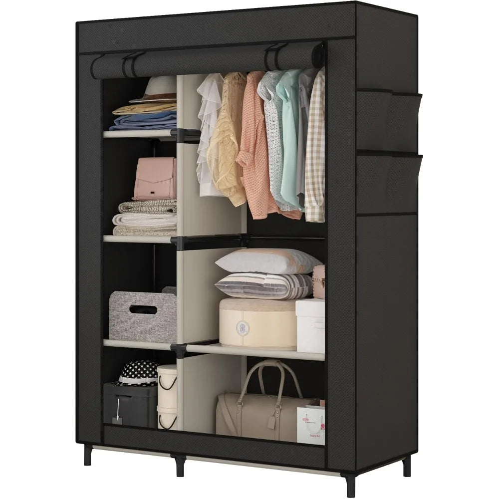 Calmootey Portable Closet Organizers, Clothing Storage, Wardrobe with 6 Shelves and Hanging Rod, Non-Woven Fabric Cover with 4 S