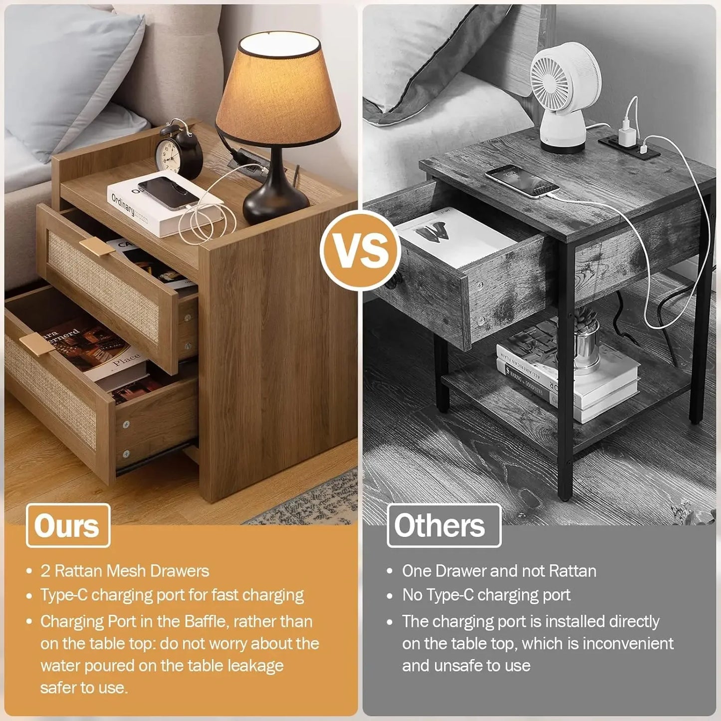 Rattan Nightstand End Table : Wood Night Stand with Type-C Charging Station,2 Drawers Storage - Boho Night Stands Bedside Table
