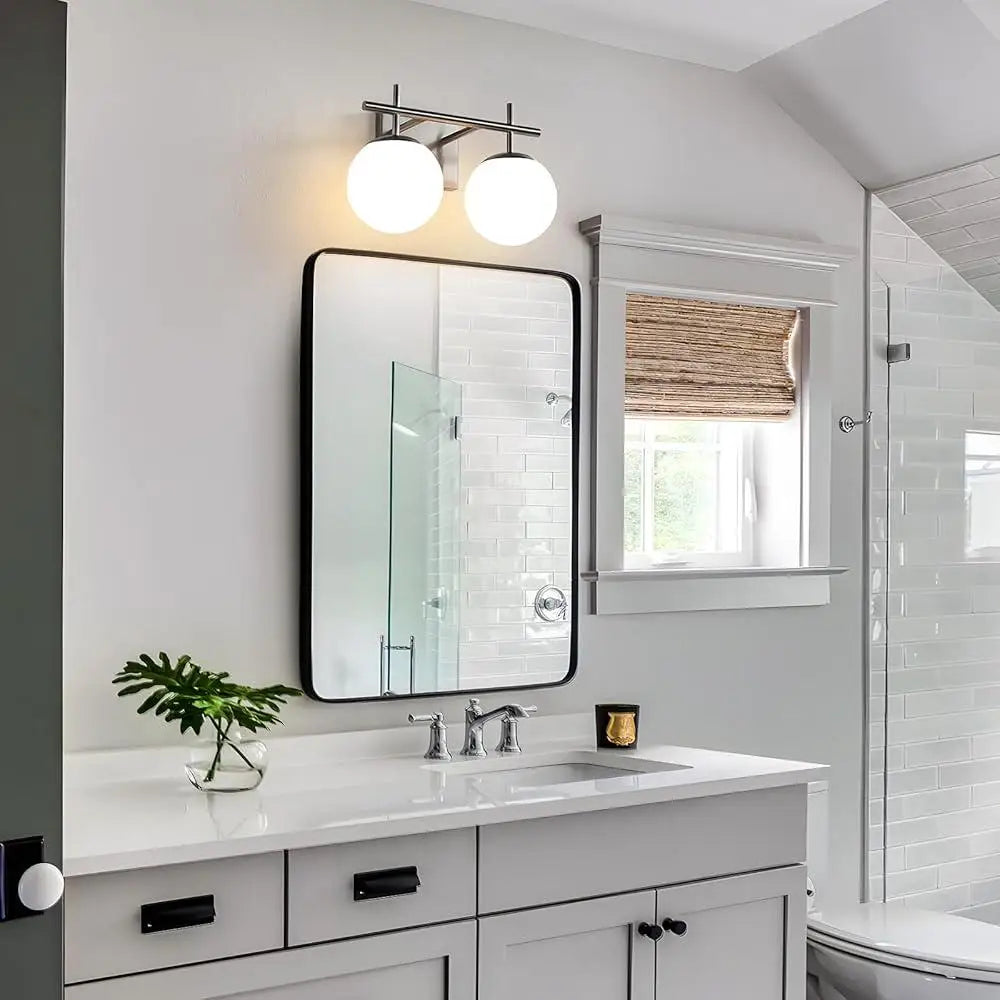 Brushed Nickel 2-Light Bathroom Vanity Light Fixture Modern Globe Glass Shade Illuminated Mirror Lighting Easy Installation