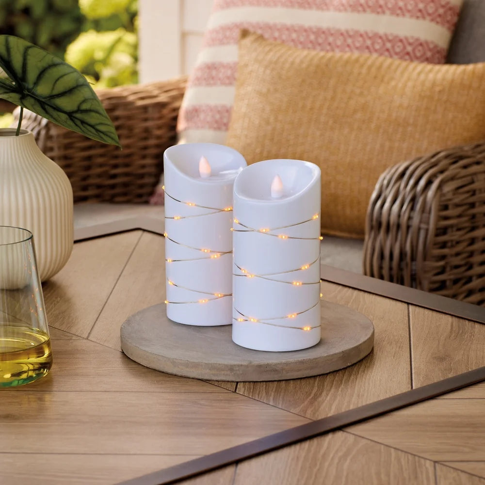 2PK Flameless LED Pillar Candles with Metal Wire String Light 3x6 Inch Safe Indoor Outdoor Decoration Warm Atmosphere