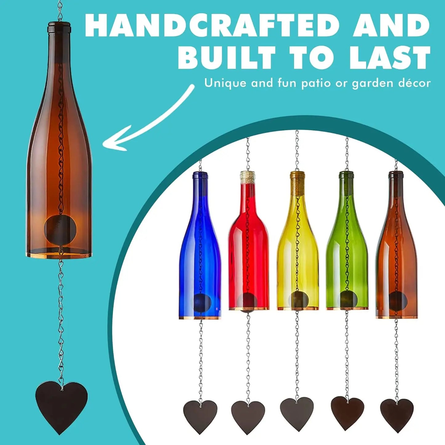 Wine Bottle Wind Chime - Wind Chimes Inside Decor, Handcrafted Wine Glass Bottle Wind Chimes for Women (Set of Five)