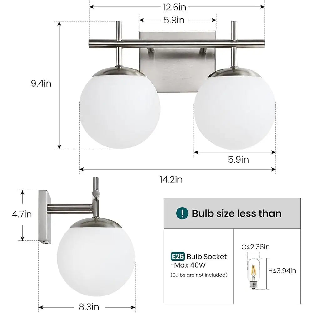 Brushed Nickel 2-Light Bathroom Vanity Light Fixture Modern Globe Glass Shade Illuminated Mirror Lighting Easy Installation