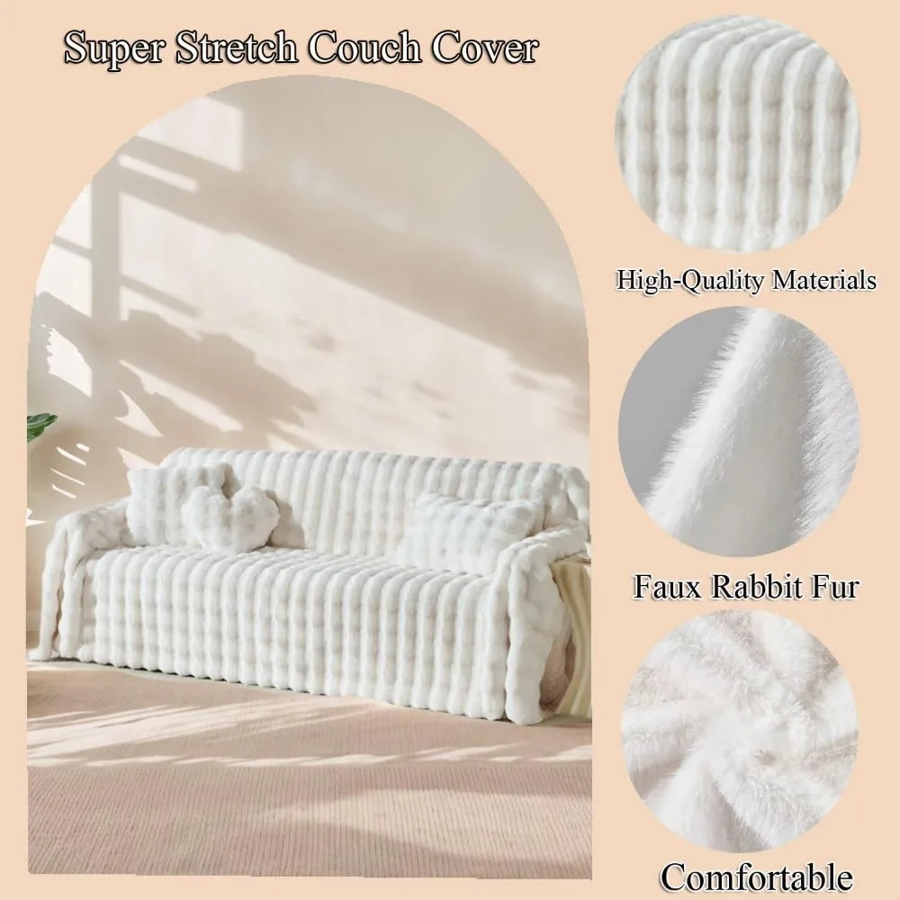 3D Bubble Mat Faux Fur Couch Cover, Plush Faux Rabbit Fur Sofa Cover, L-Shaped Sofa Slipcovers for Home Decor and Pet Protection