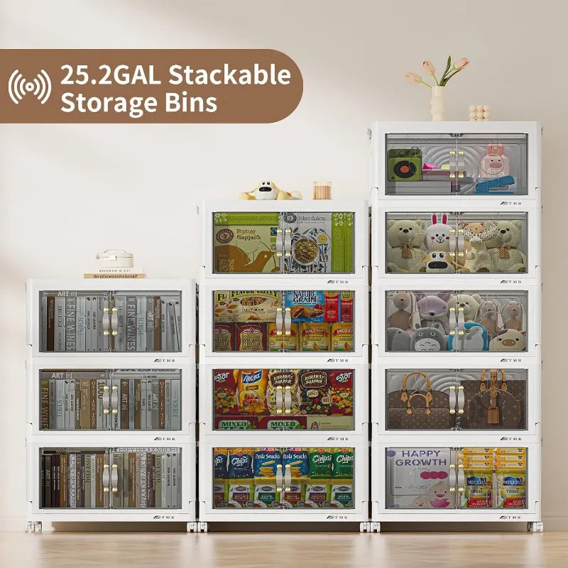 Stackable Storage Bins with Side Handle,8.4GAL Stackable Storage Bins with Lids,Collapsible Plastic Storage Bins with Door