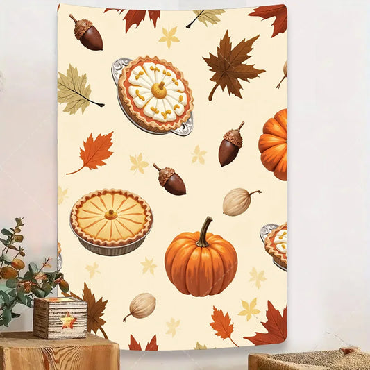 1pc Wall Tapestry Autumn Harvest Tapestry with Pumpkins, Pies & Leaves for Fall Decor