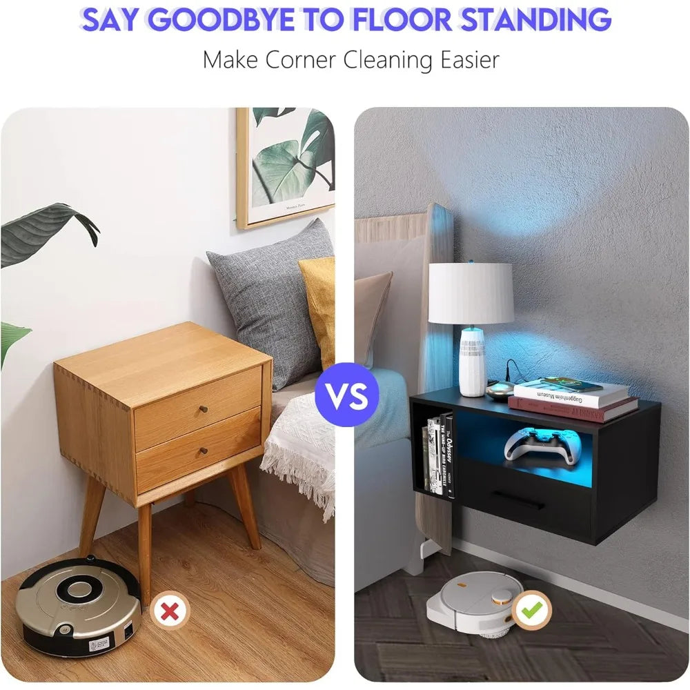 Wall-Mounted LED Lighted Charging Station Nightstand with Drawers for Bedroom