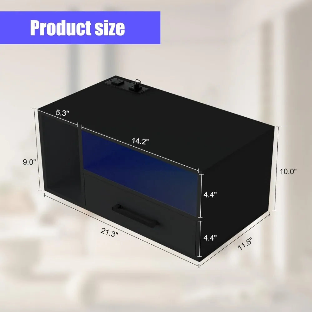 Wall-Mounted LED Lighted Charging Station Nightstand with Drawers for Bedroom