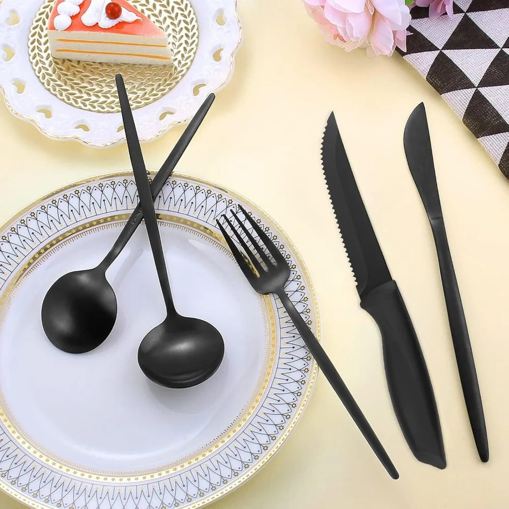 Matte Black 48-Piece Silverware Set with Steak Knives for 8, Stainless Steel Cutlery for Home Kitchen