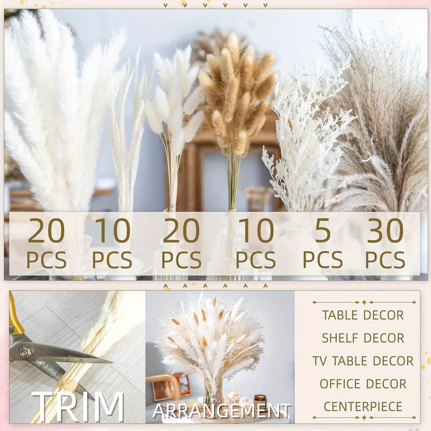 95Pcs Natural Dried Pampas Grass Bouquet for Home Decor Vase Filler Fluffy Dried Fall Pampas for Table Decor Wedding