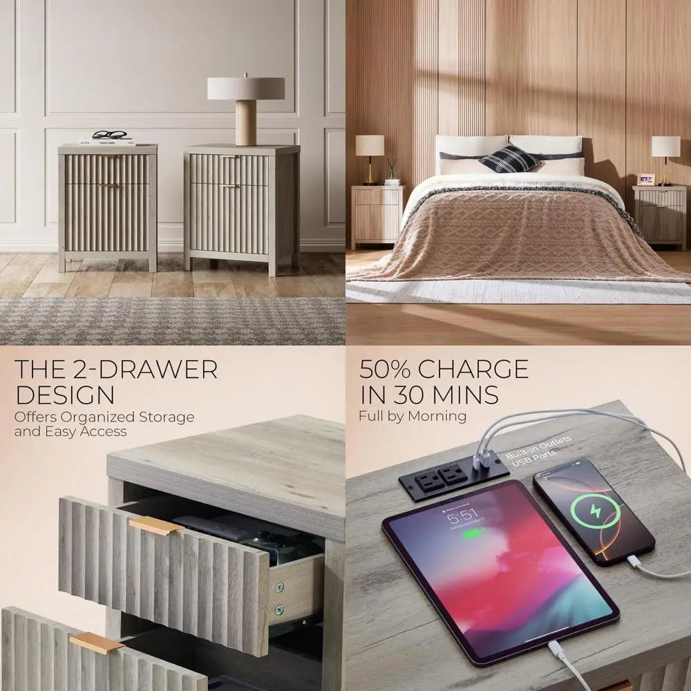 pair of modern fluted nightstands with charging ports, contemporary 2-drawer side tables for bedroom