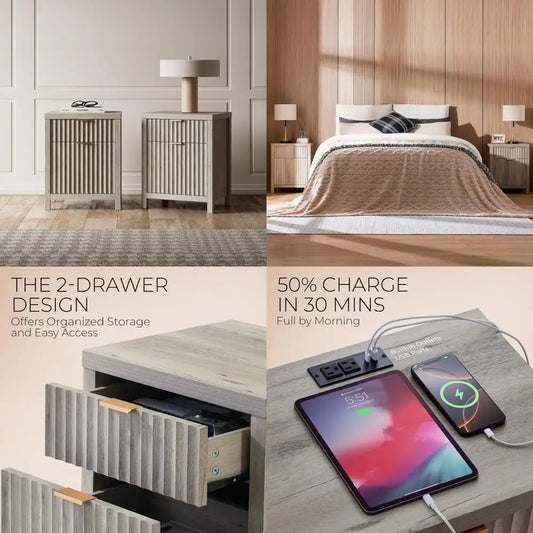 pair of modern fluted nightstands with charging ports, contemporary 2-drawer side tables for bedroom