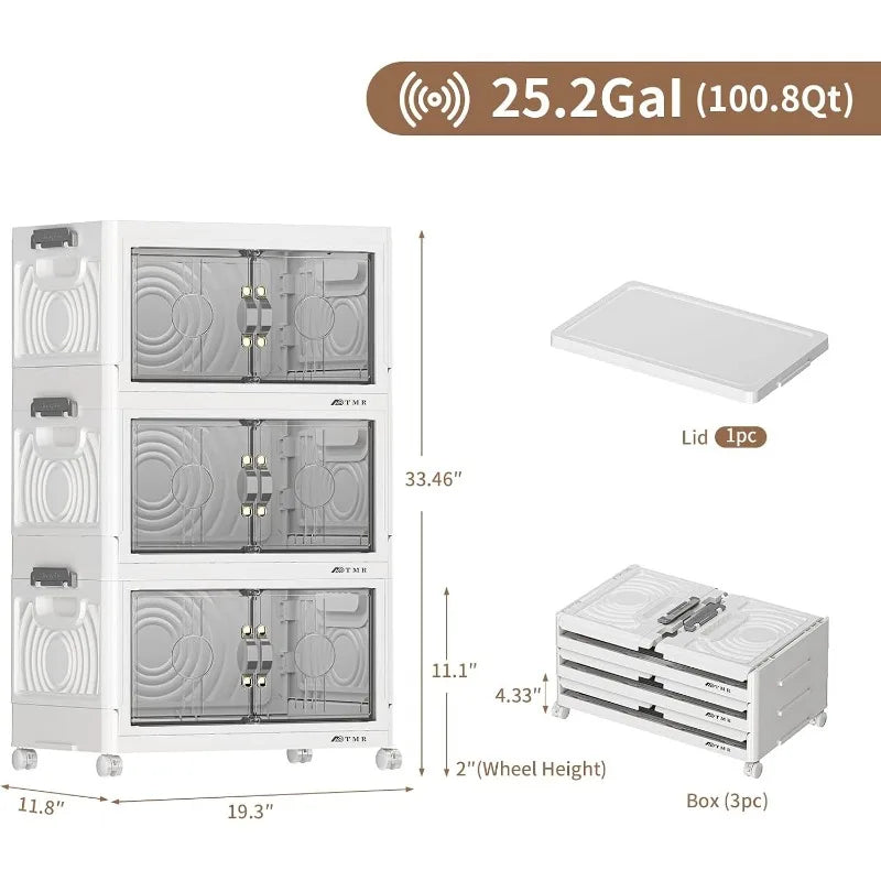 Stackable Storage Bins with Side Handle,8.4GAL Stackable Storage Bins with Lids,Collapsible Plastic Storage Bins with Door