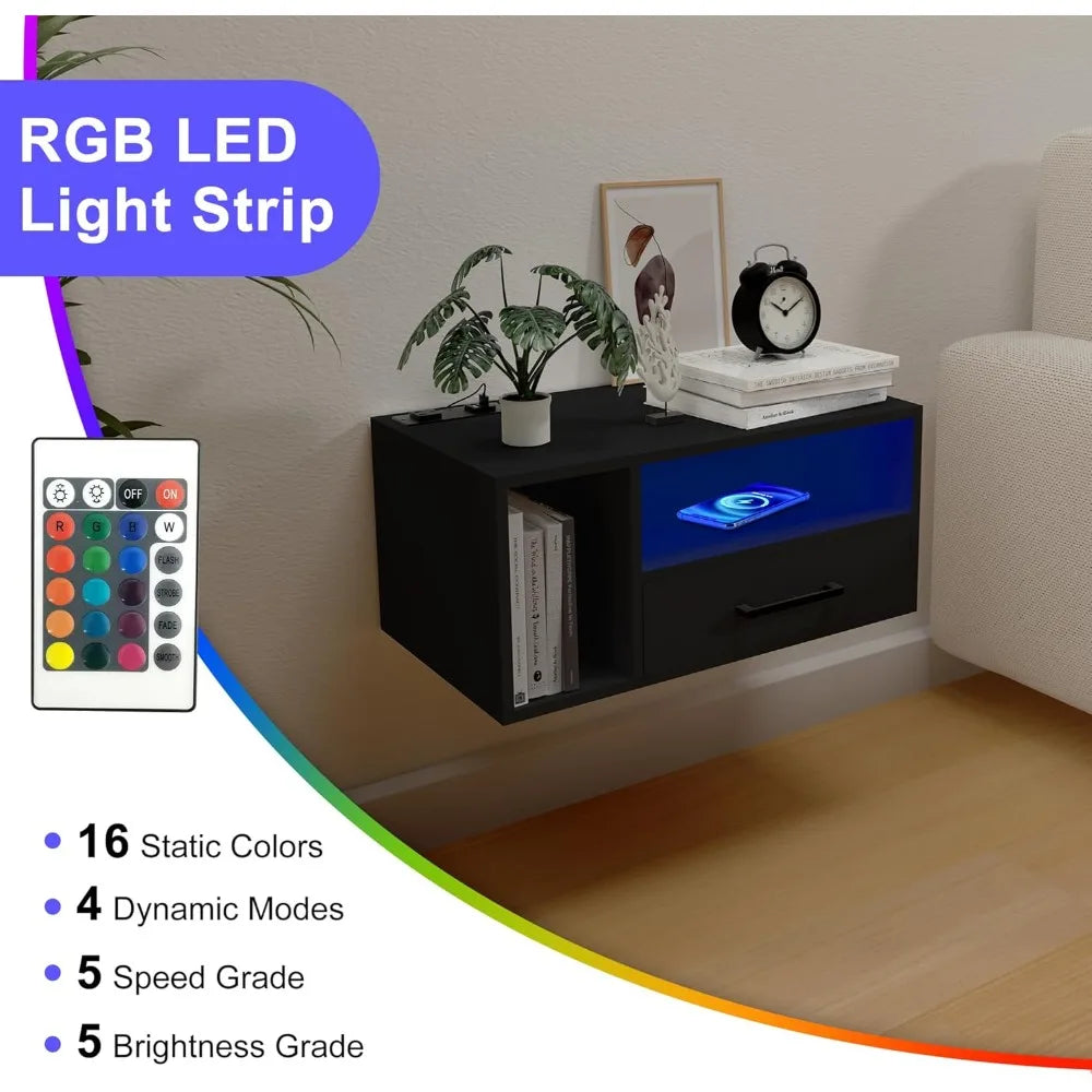 Wall-Mounted LED Lighted Charging Station Nightstand with Drawers for Bedroom