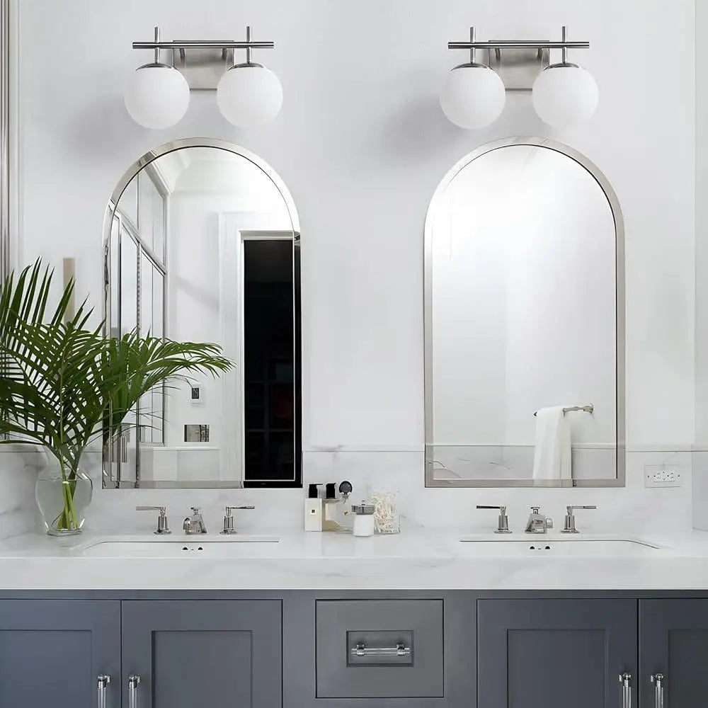 Brushed Nickel 2-Light Bathroom Vanity Light Fixture Modern Globe Glass Shade Illuminated Mirror Lighting Easy Installation