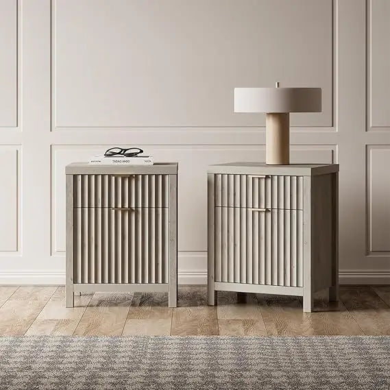 pair of modern fluted nightstands with charging ports, contemporary 2-drawer side tables for bedroom