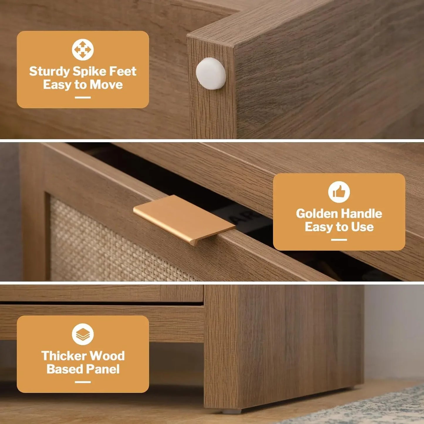 Rattan Nightstand End Table : Wood Night Stand with Type-C Charging Station,2 Drawers Storage - Boho Night Stands Bedside Table