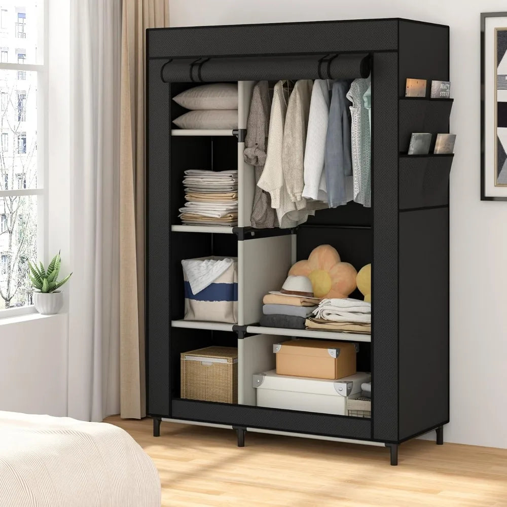 Calmootey Portable Closet Organizers, Clothing Storage, Wardrobe with 6 Shelves and Hanging Rod, Non-Woven Fabric Cover with 4 S