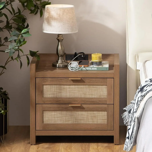 Rattan Nightstand End Table : Wood Night Stand with Type-C Charging Station,2 Drawers Storage - Boho Night Stands Bedside Table