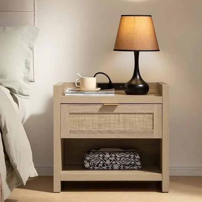 Rattan Nightstand End Table : Wood Night Stand with Type-C Charging Station,2 Drawers Storage - Boho Night Stands Bedside Table