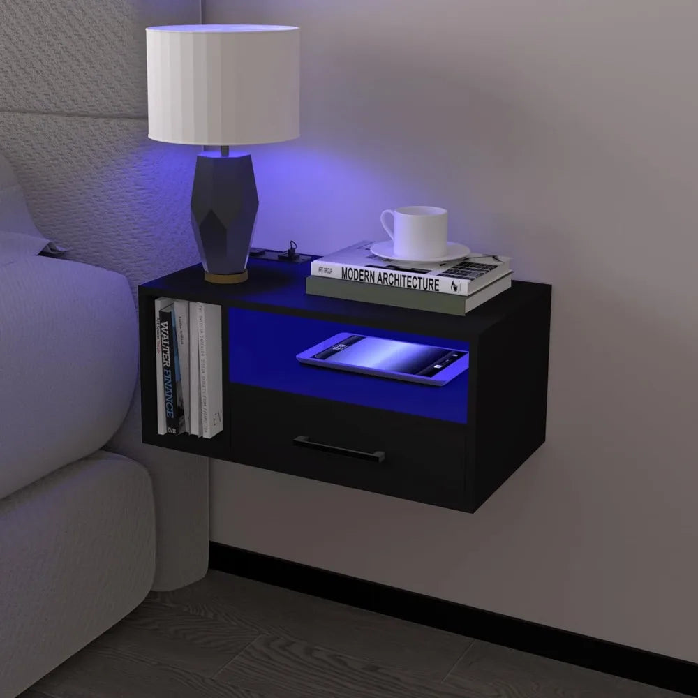 Wall-Mounted LED Lighted Charging Station Nightstand with Drawers for Bedroom