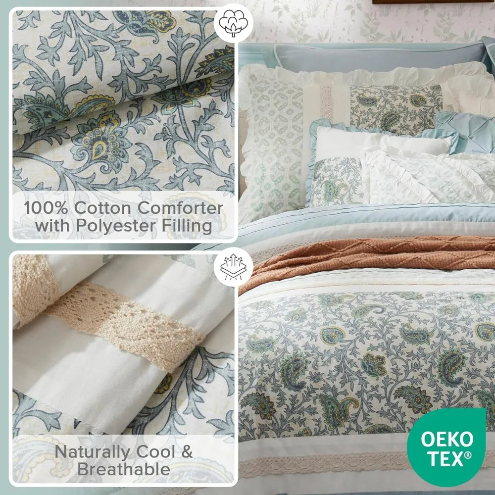 Cotton Shabby Chic Comforter Set - Modern Cottage Style All Season Bedding with Matching Sham