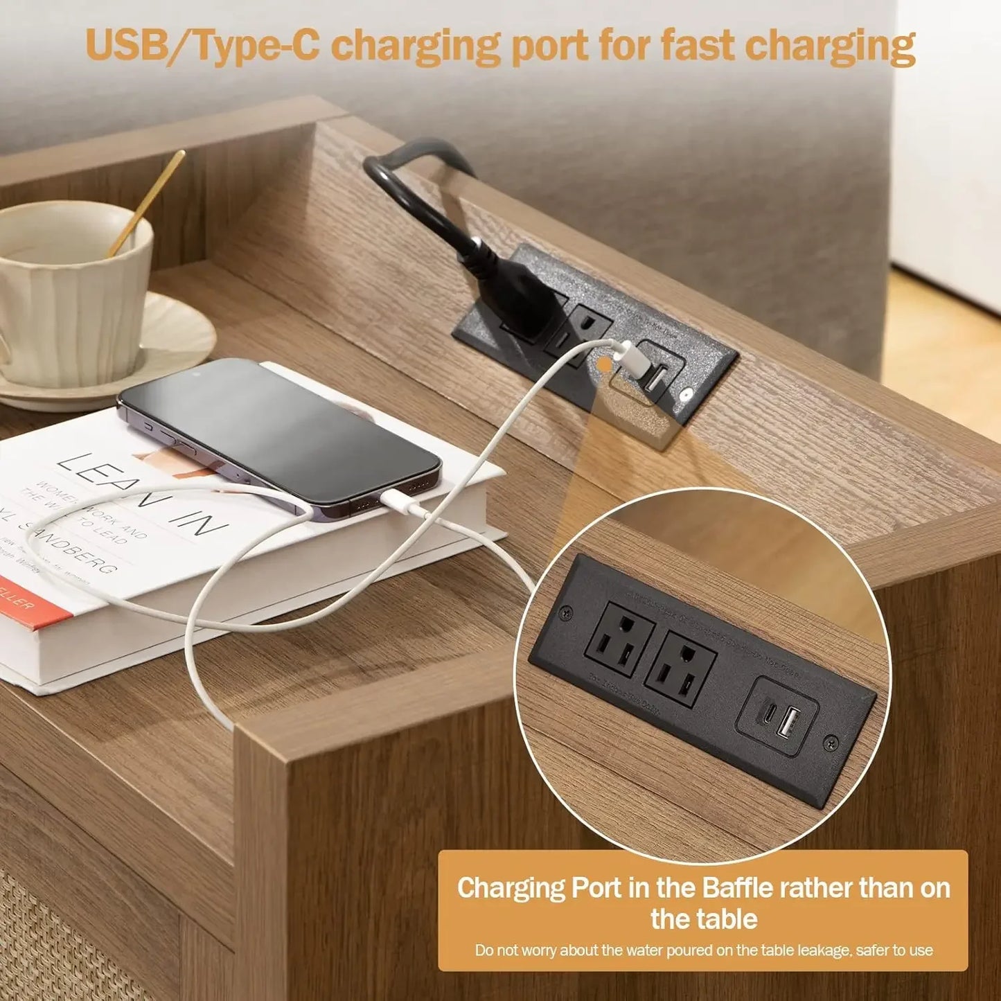 Rattan Nightstand End Table : Wood Night Stand with Type-C Charging Station,2 Drawers Storage - Boho Night Stands Bedside Table