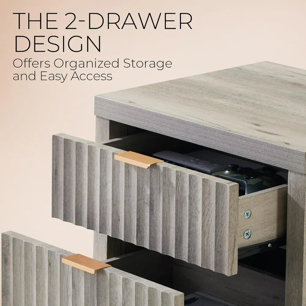 pair of modern fluted nightstands with charging ports, contemporary 2-drawer side tables for bedroom