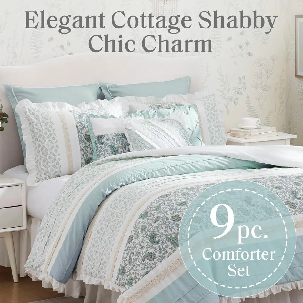 Cotton Shabby Chic Comforter Set - Modern Cottage Style All Season Bedding with Matching Sham