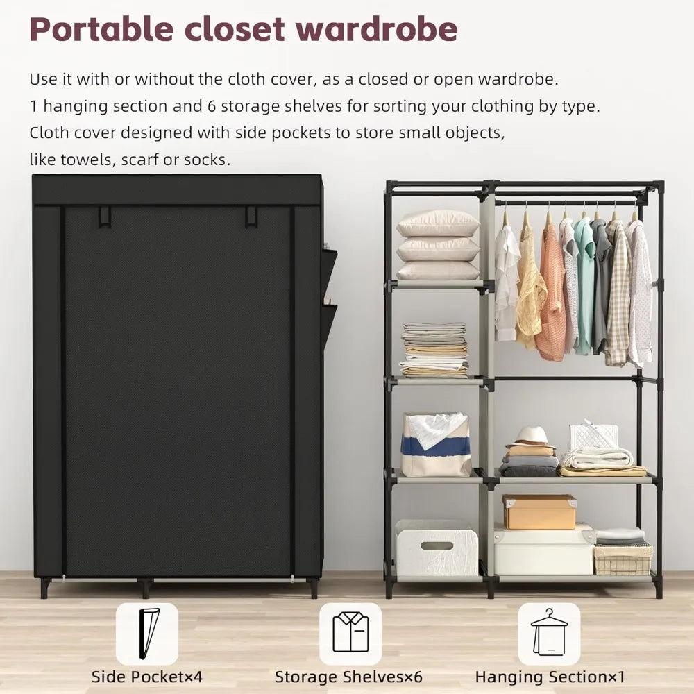 Calmootey Portable Closet Organizers, Clothing Storage, Wardrobe with 6 Shelves and Hanging Rod, Non-Woven Fabric Cover with 4 S