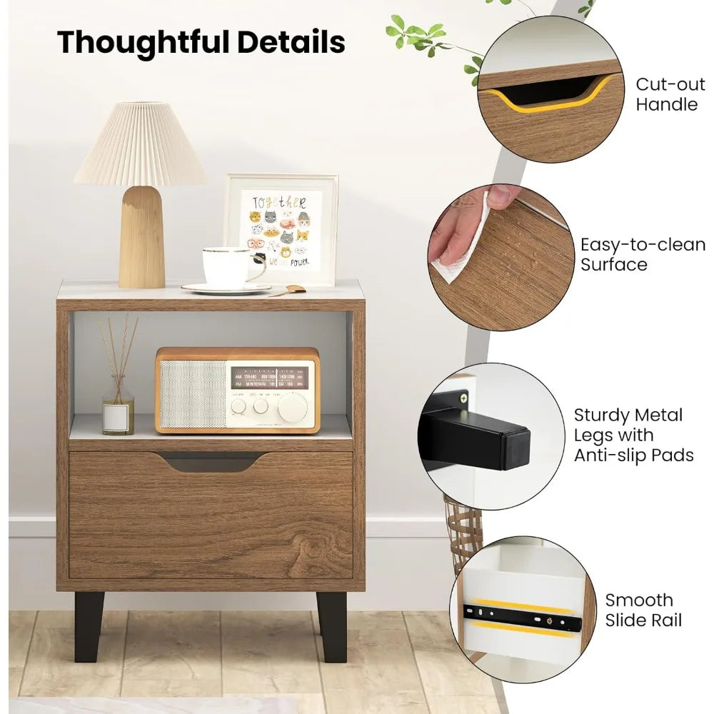 Mid Century Modern Nightstands - Set of 2, Wooden Bedside Tables with Drawer and Open Shelf, 3-Tier Design