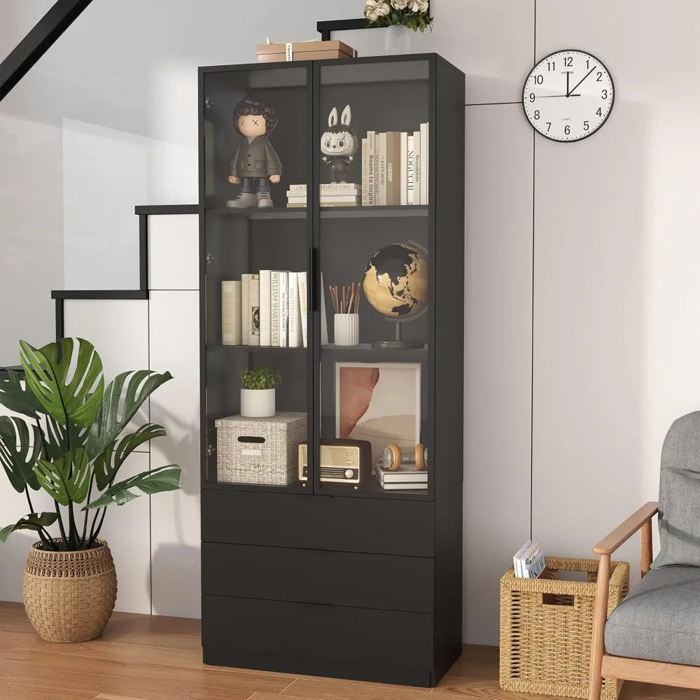 Black Bookcase with Glass Doors: 79" Display Cabinet with Glass Doors and Lights, Tall Bookcase with 2 Door, Wooden Display Stor