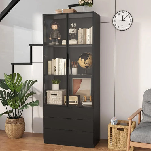Black Bookcase with Glass Doors: 79" Display Cabinet with Glass Doors and Lights, Tall Bookcase with 2 Door, Wooden Display Stor