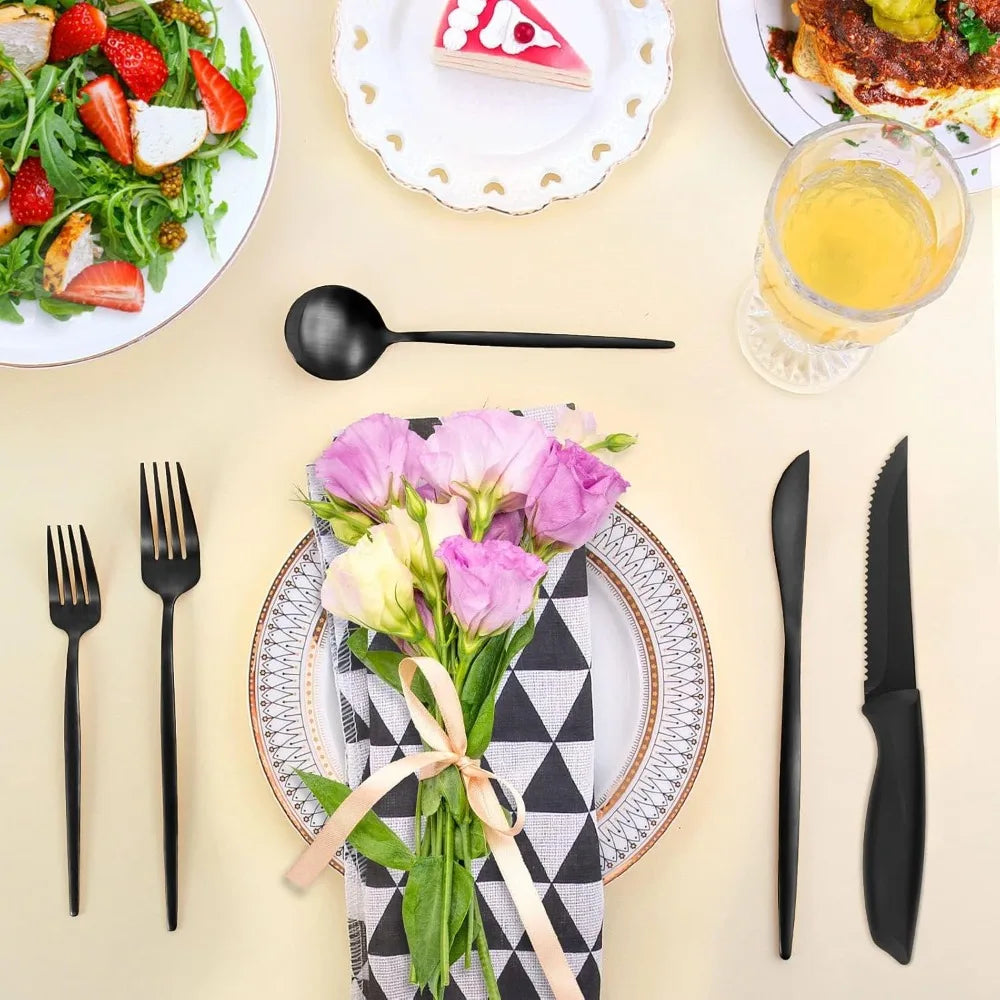 Matte Black 48-Piece Silverware Set with Steak Knives for 8, Stainless Steel Cutlery for Home Kitchen