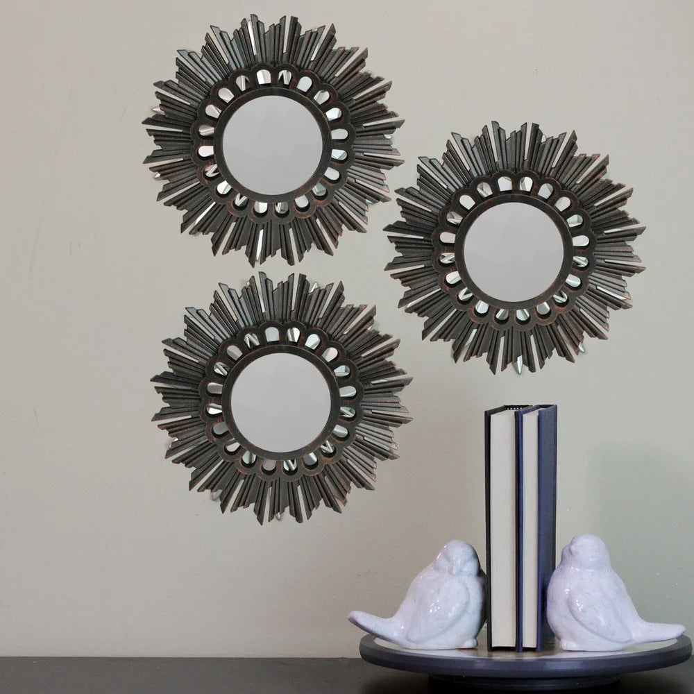 Set of 3 Floral Sunburst Round Wall Mirrors Brushed Bronze Finish Decorative Mini Mirrors with Hanging Hardware Indoor Use