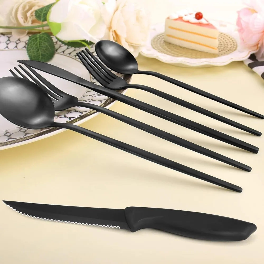 Matte Black 48-Piece Silverware Set with Steak Knives for 8, Stainless Steel Cutlery for Home Kitchen