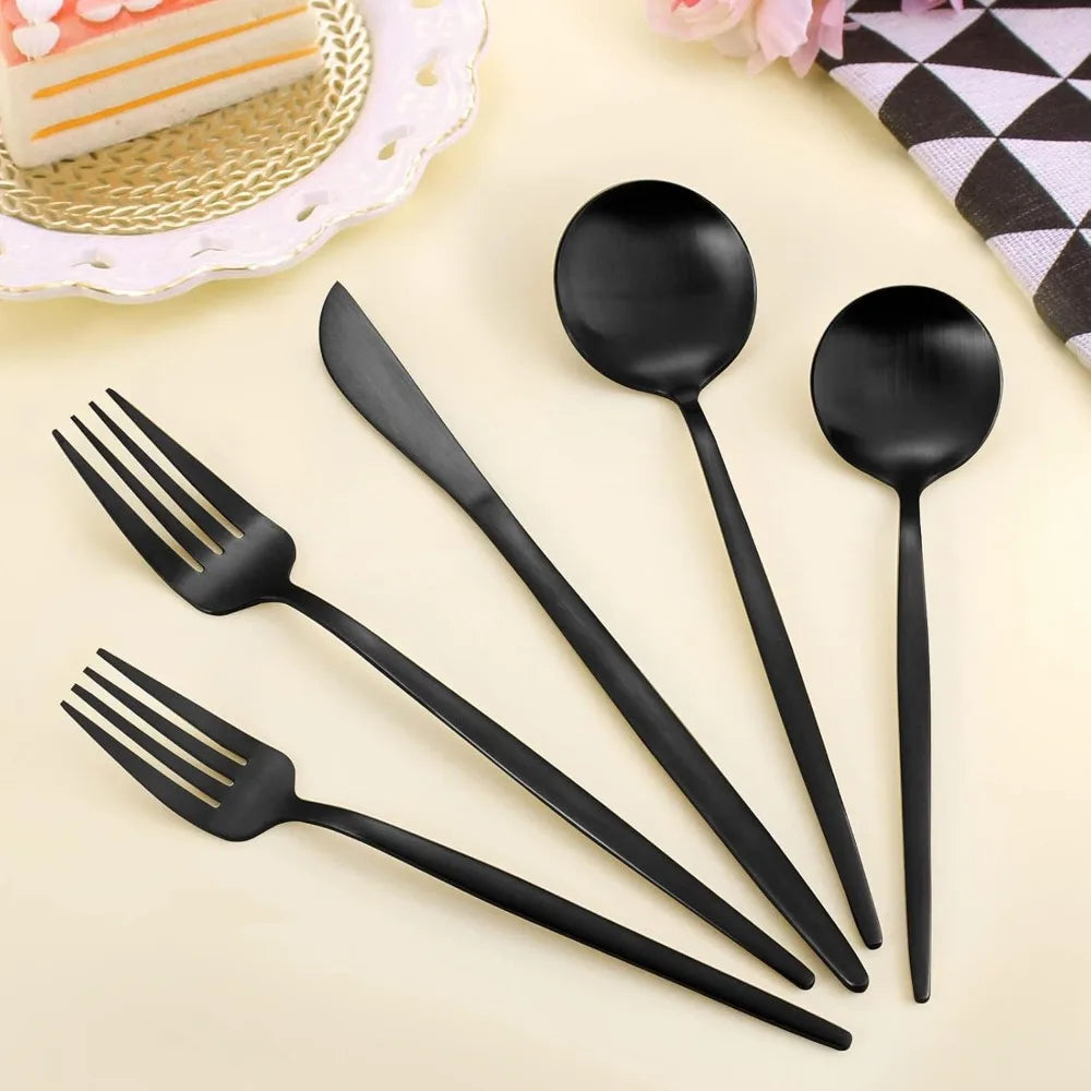 Matte Black 48-Piece Silverware Set with Steak Knives for 8, Stainless Steel Cutlery for Home Kitchen