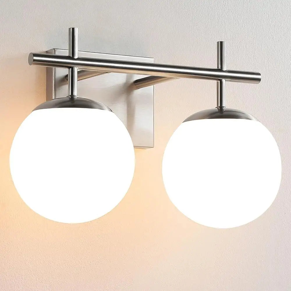 Brushed Nickel 2-Light Bathroom Vanity Light Fixture Modern Globe Glass Shade Illuminated Mirror Lighting Easy Installation