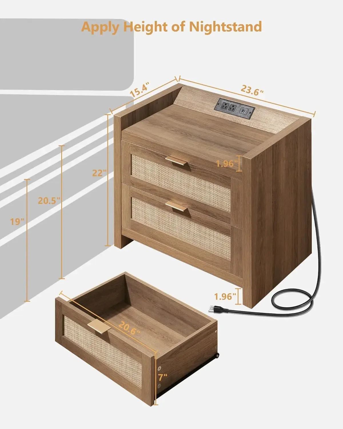 Rattan Nightstand End Table : Wood Night Stand with Type-C Charging Station,2 Drawers Storage - Boho Night Stands Bedside Table