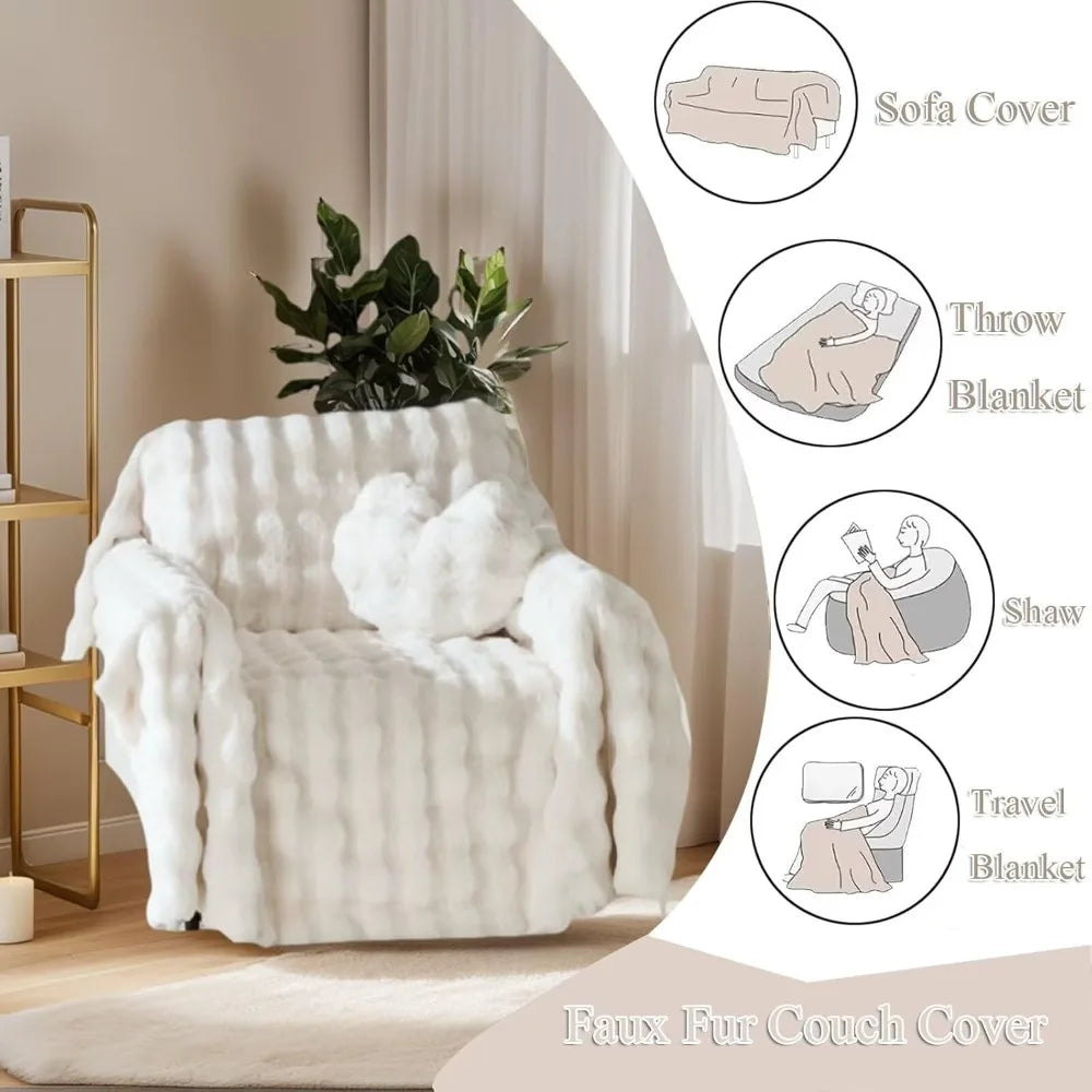3D Bubble Mat Faux Fur Couch Cover, Plush Faux Rabbit Fur Sofa Cover, L-Shaped Sofa Slipcovers for Home Decor and Pet Protection