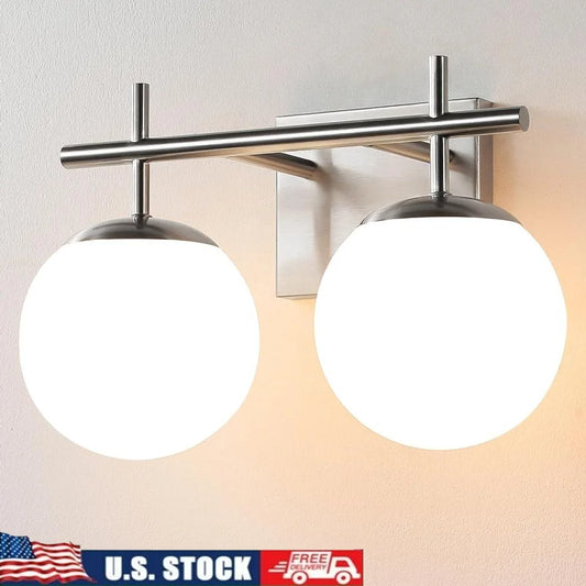 Brushed Nickel 2-Light Bathroom Vanity Light Fixture Modern Globe Glass Shade Illuminated Mirror Lighting Easy Installation