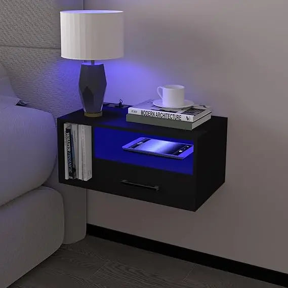 Wall-Mounted LED Lighted Charging Station Nightstand with Drawers for Bedroom